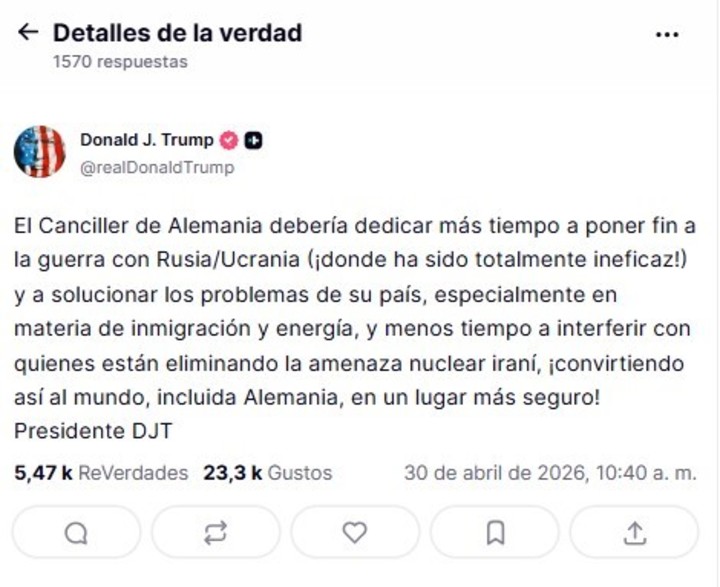 Donald Trump y su fuerte mensaje contra el canciller de Alemania.