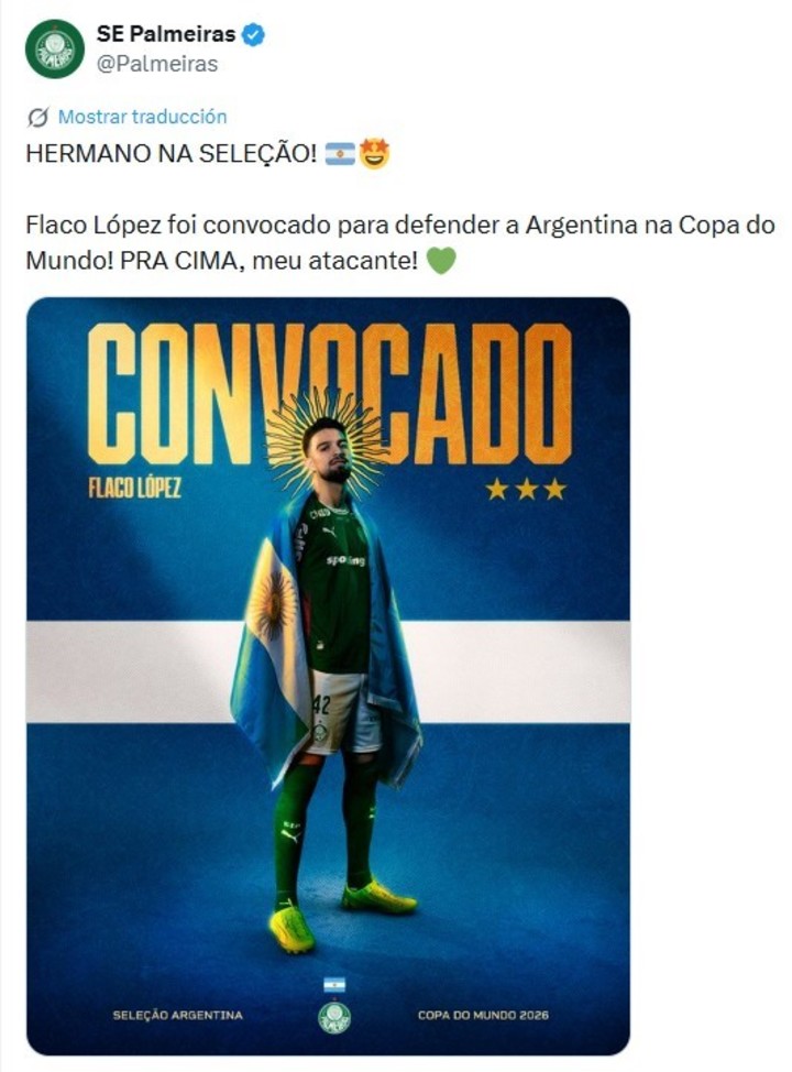 El posteo de Palmeiras por la convocatoria del Flaco López al Mundial 2026.
